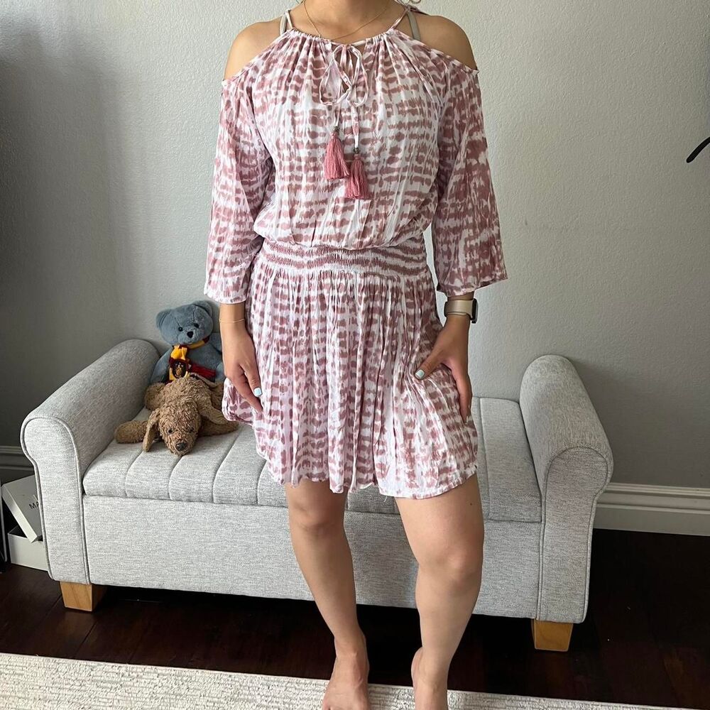 Tiare Hawaii Boho style mini dress featuring a pink and white tie-dye